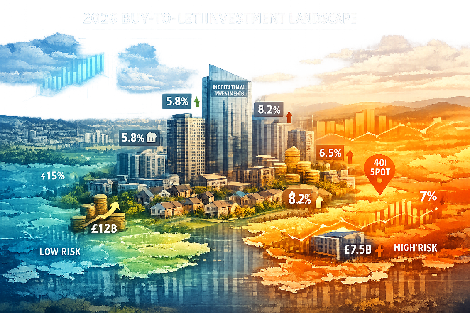 Expansive landscape visualization of 2026 Buy-to-Let Investment Landscape, featuring stylized urban skyline with institutional investment pr