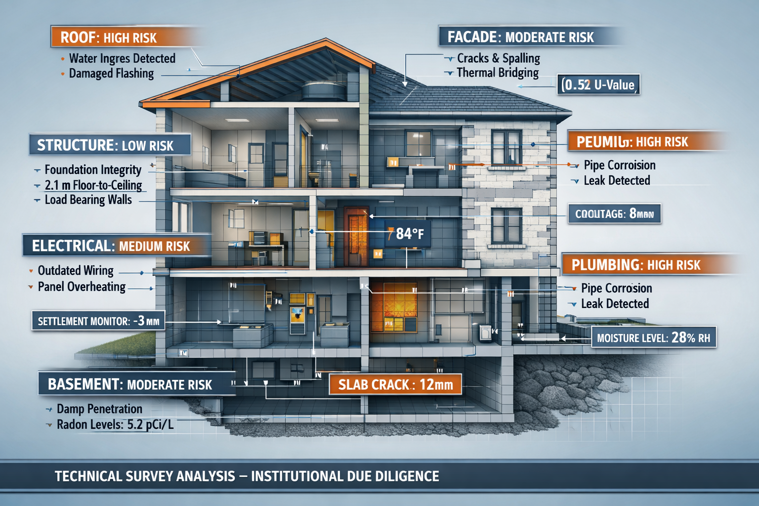 Technical building survey visualization for institutional investments, showcasing cutaway architectural diagram of multi-unit residential pr