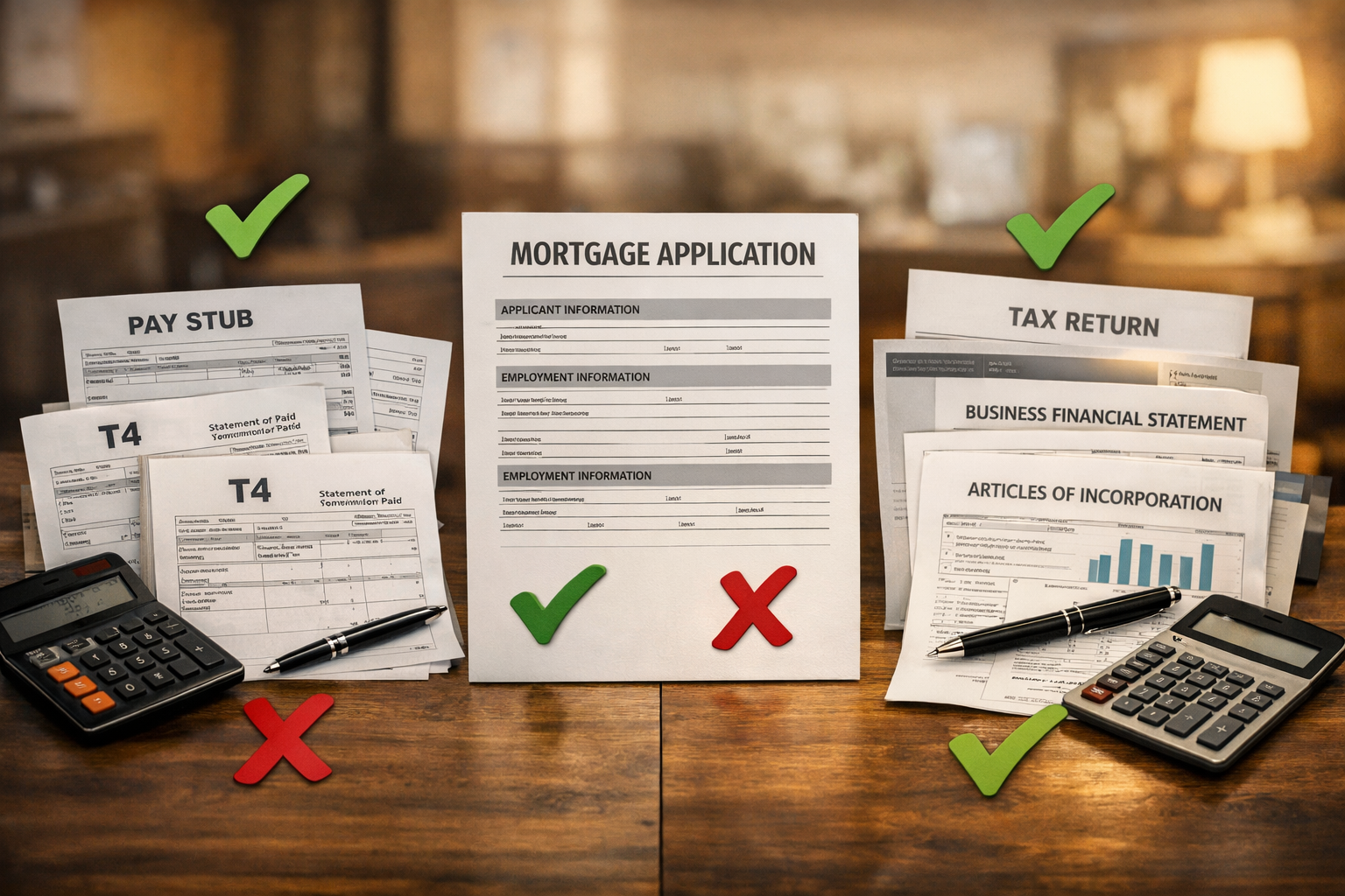 Conceptual landscape format (1536x1024) split-screen comparison image showing traditional W2 employee with pay stubs and T4 slips on left si