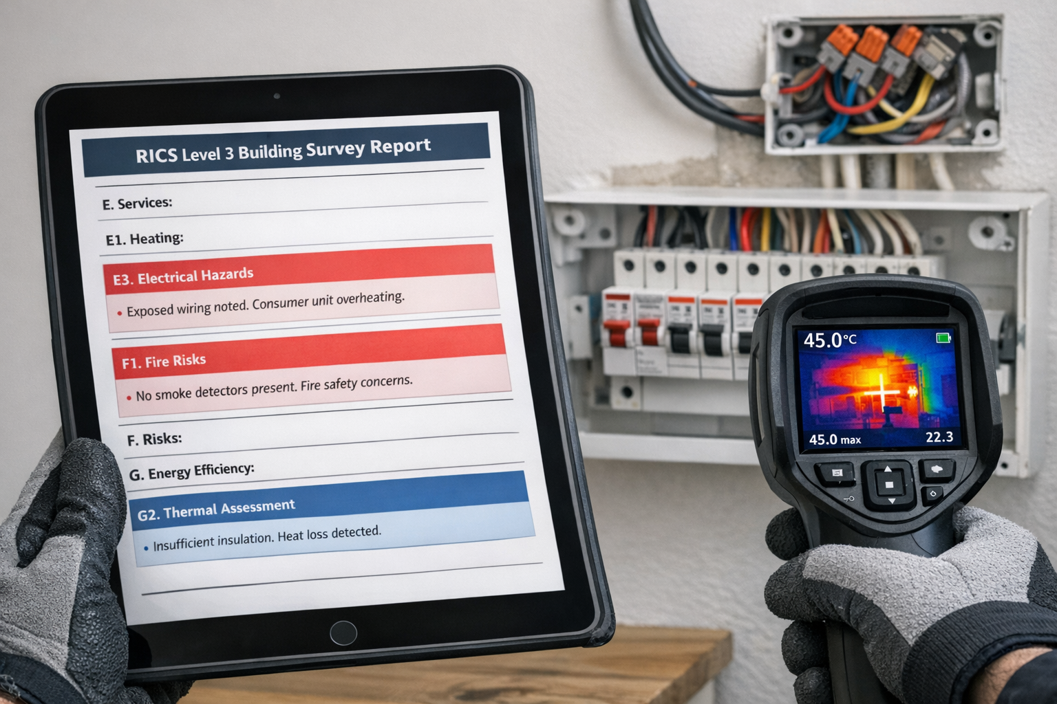 Detailed () image showing close-up of professional surveyor's inspection checklist on digital tablet displaying RICS Level 3