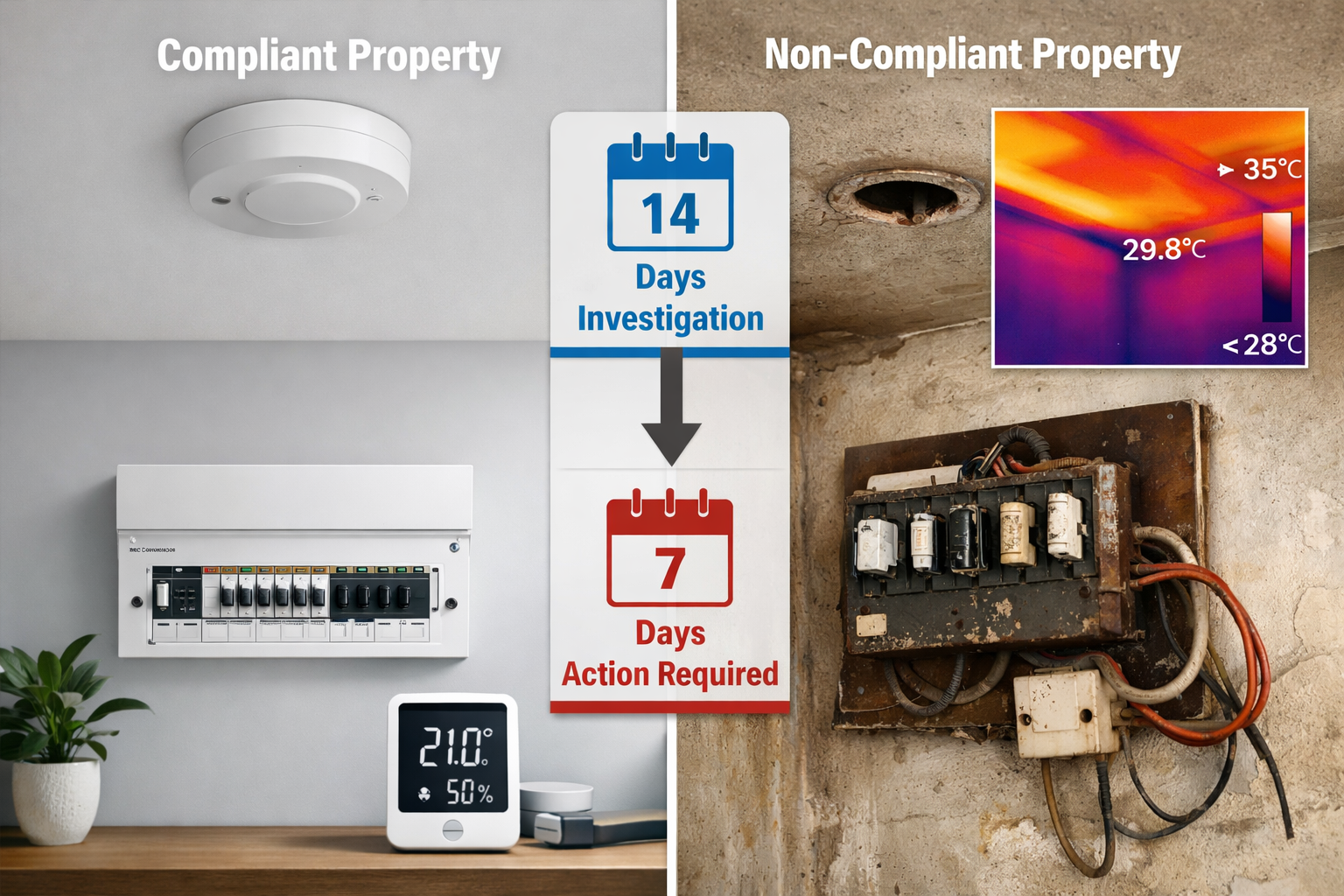 Wide-angle () image depicting split-screen comparison of compliant versus non-compliant rental property conditions. Left