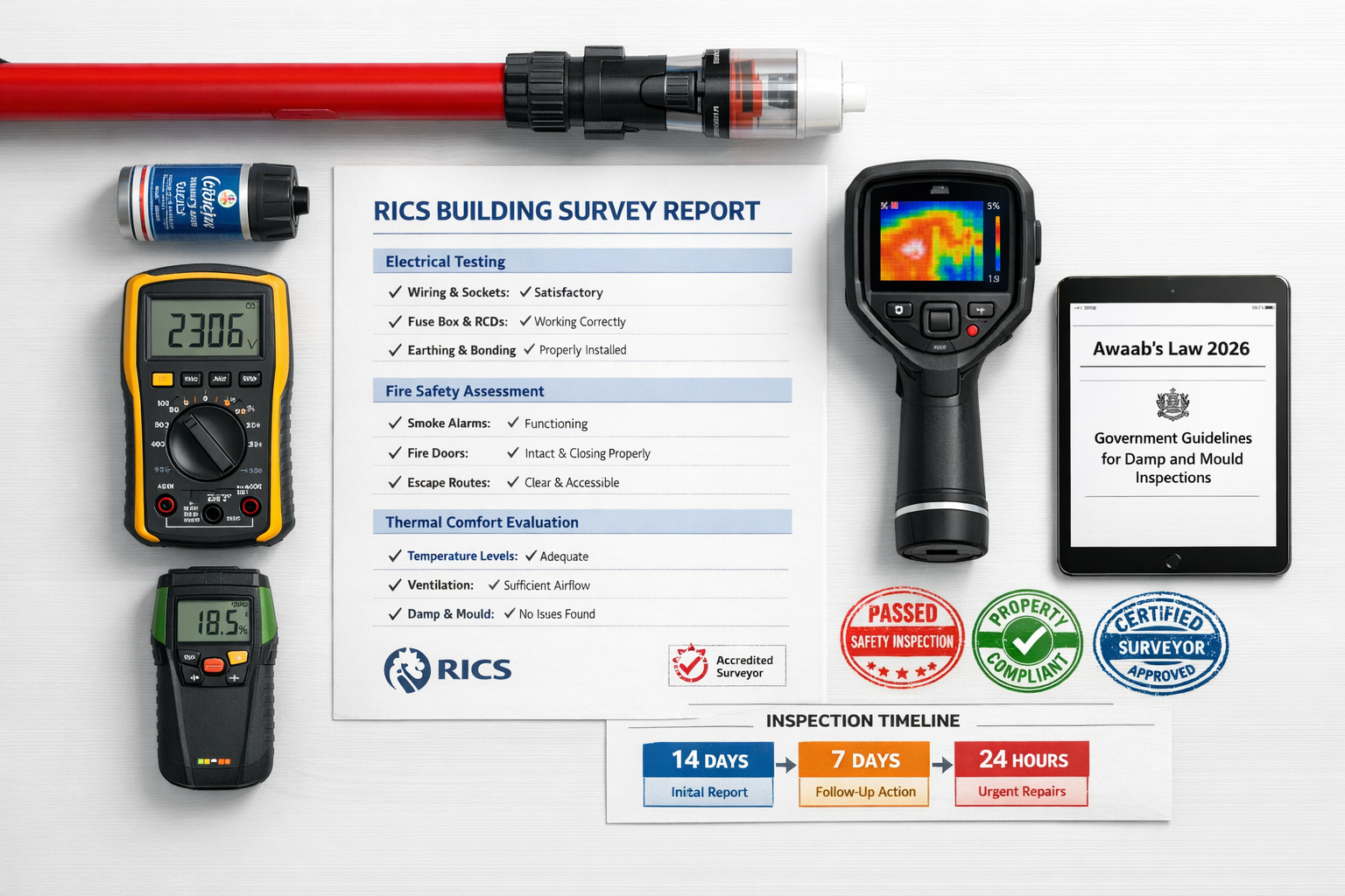 Detailed () overhead flat-lay composition showing complete surveyor's documentation toolkit for Awaab's Law 2026 compliance