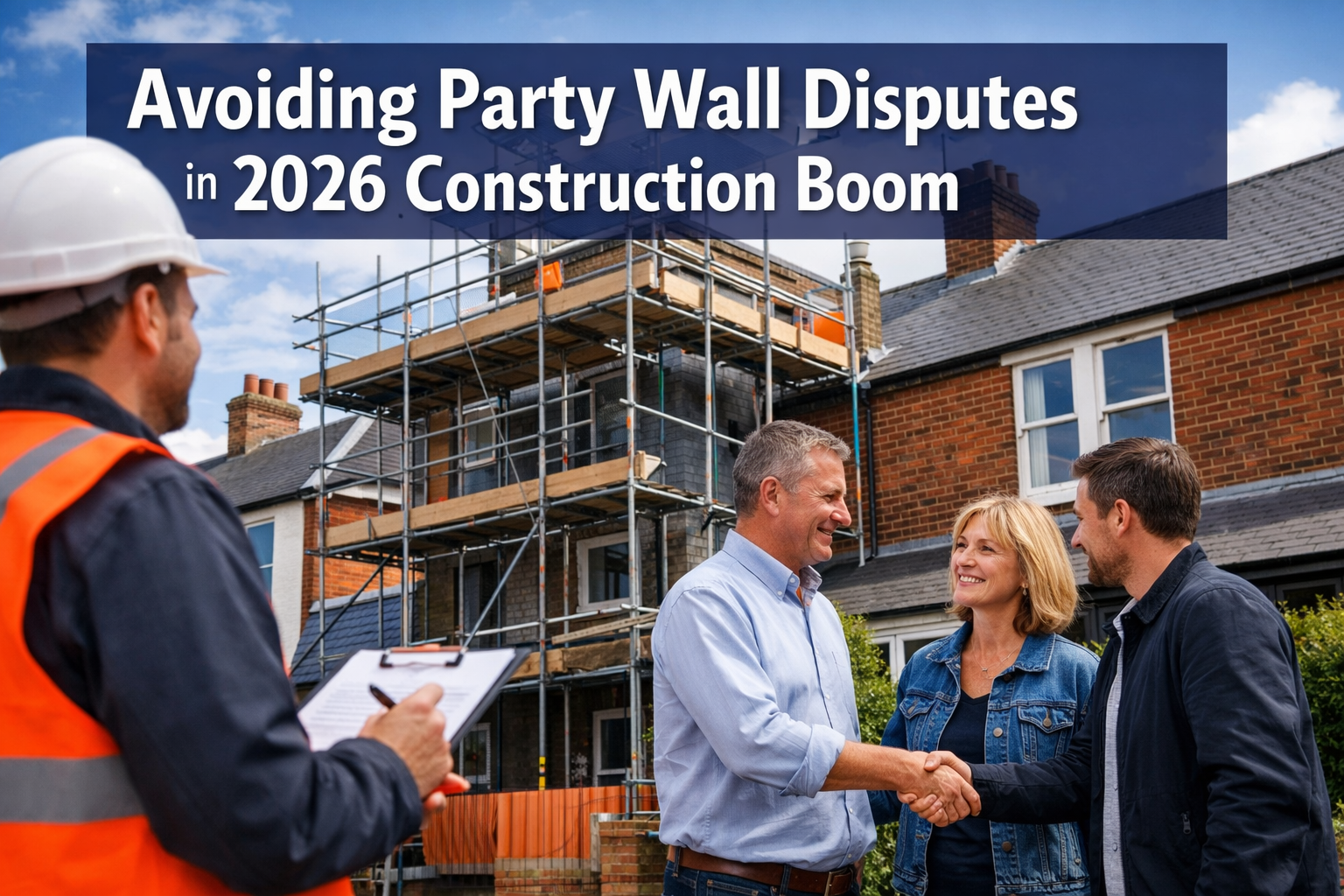 Professional () hero image featuring 'Avoiding Party Wall Disputes in 2026 Construction Boom' in extra large white with dark