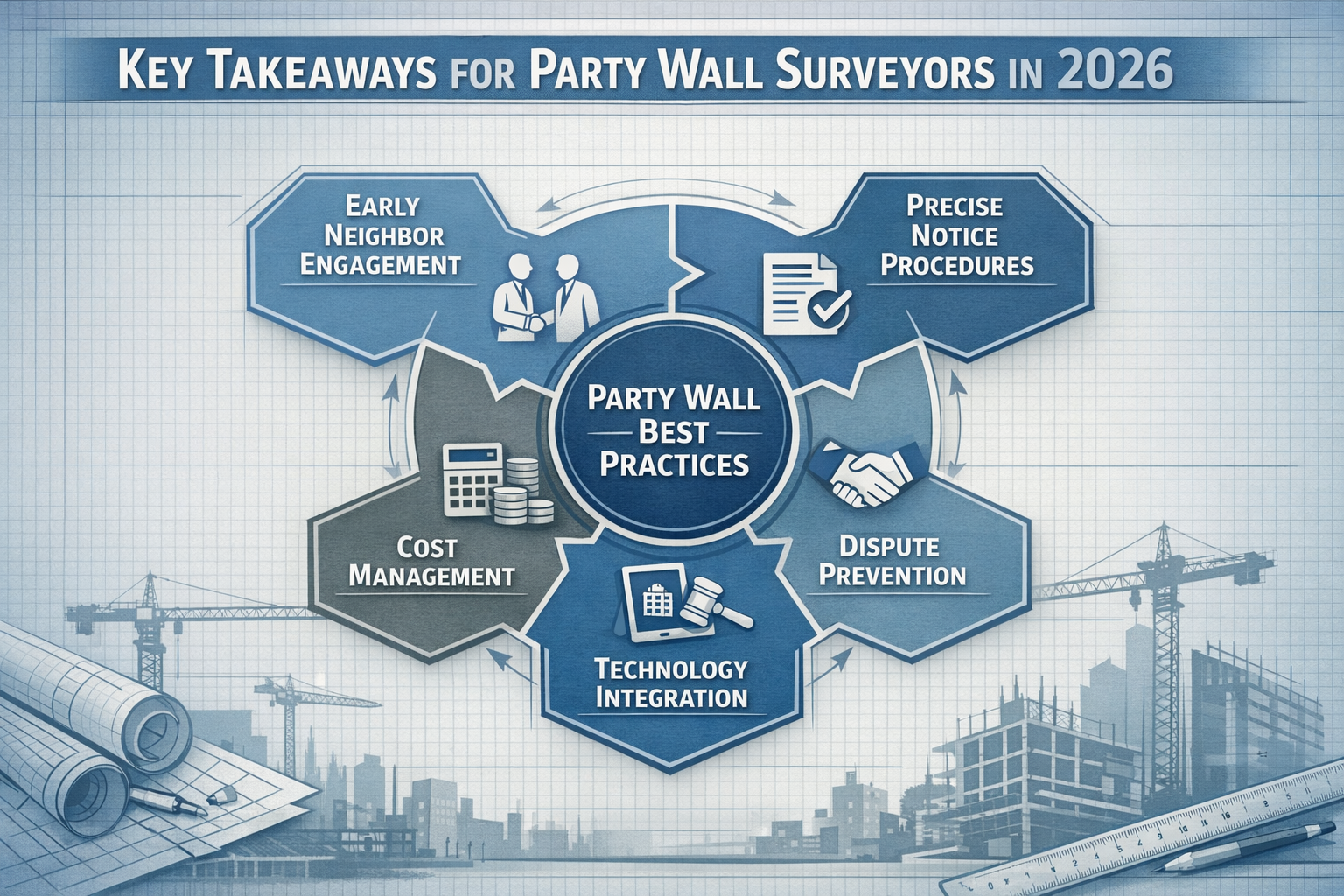 Professional editorial infographic visualizing 'Key Takeaways' for party wall surveyor best practices in 2026 construction