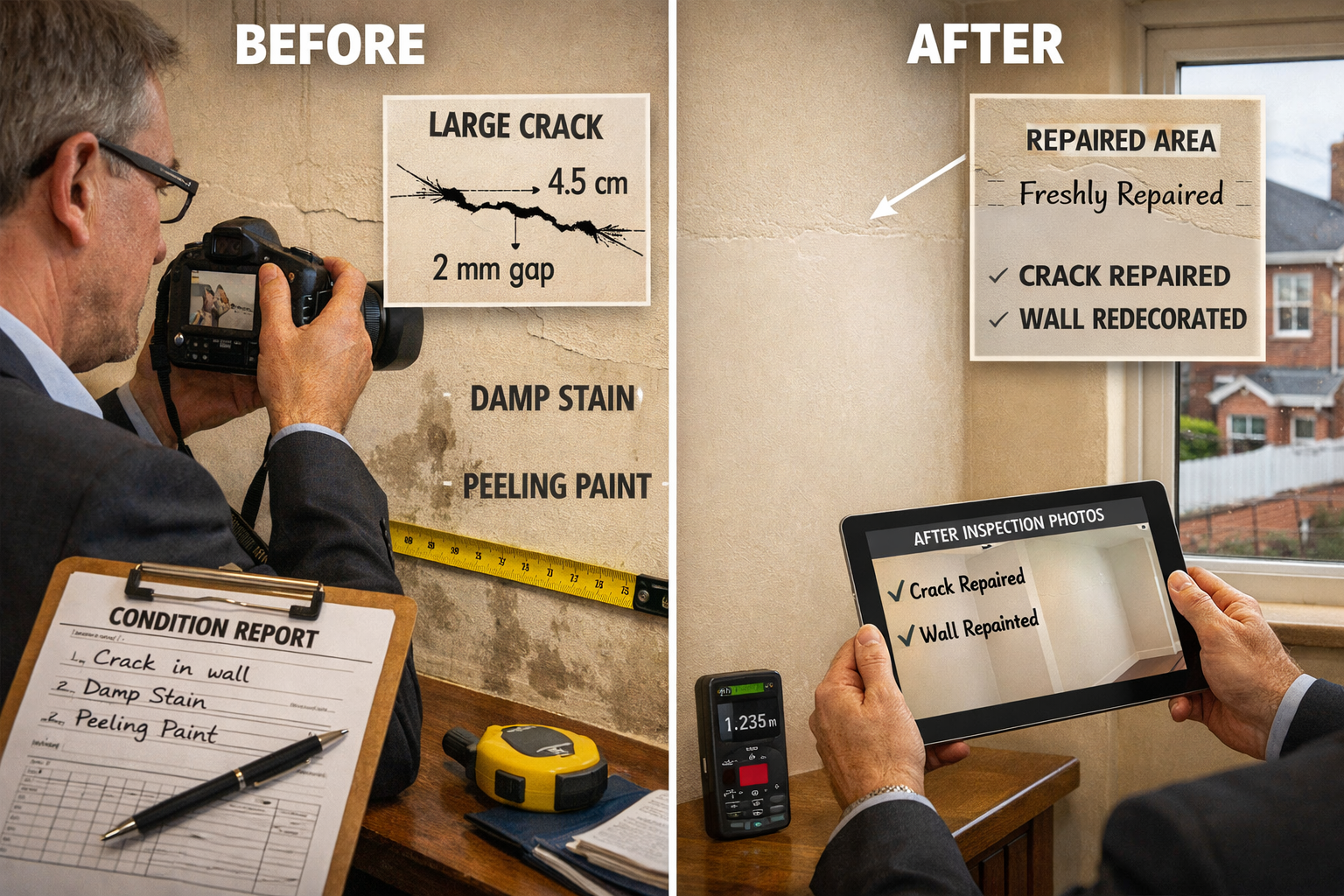 () photograph-style image of professional surveyor conducting schedule of condition inspection in residential property.