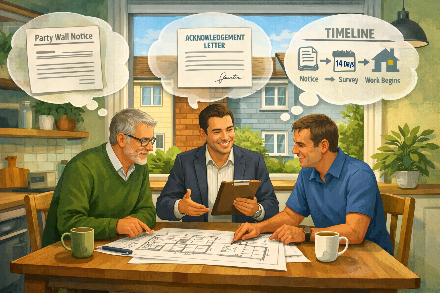 () conceptual illustration showing successful neighbor engagement scenario. Two property owners sitting at kitchen table