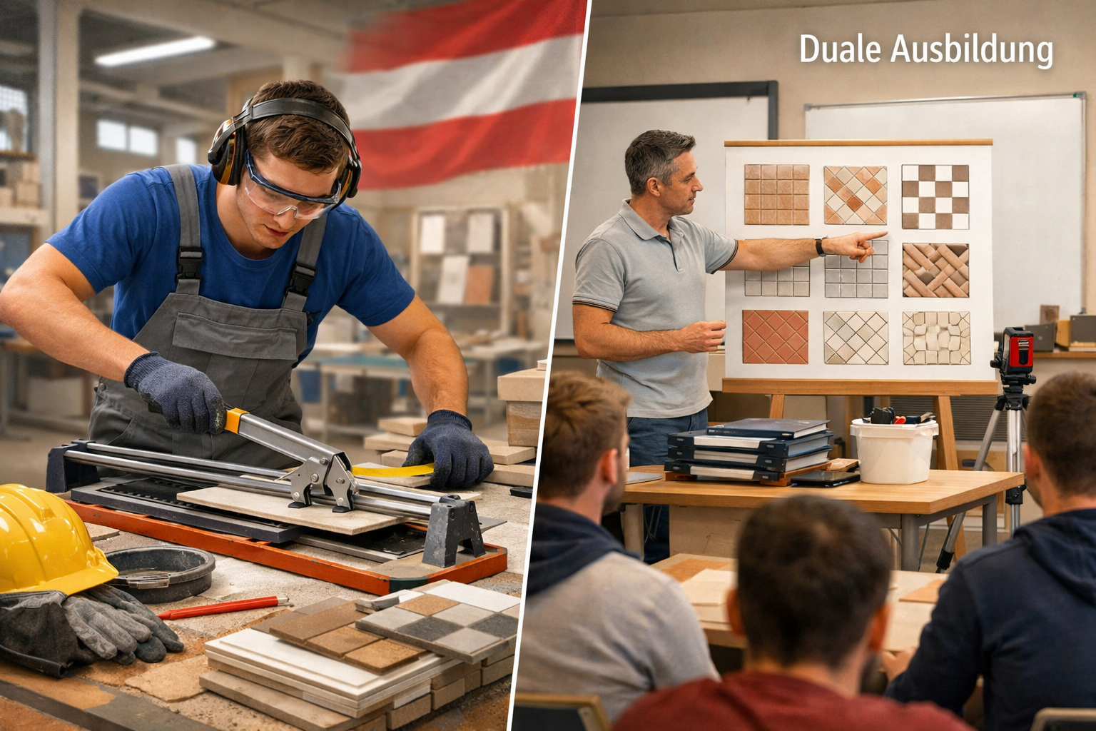 no text on the images. Detailed landscape format (1536x1024) image showing comprehensive overview of Fliesenleger apprenticeship training st