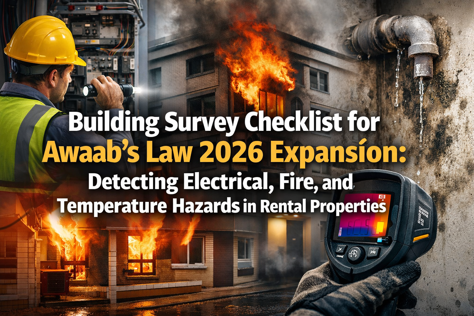 Professional landscape hero image () with : "Building Survey Checklist for Awaab's Law 2026 Expansion: Detecting Electrical,