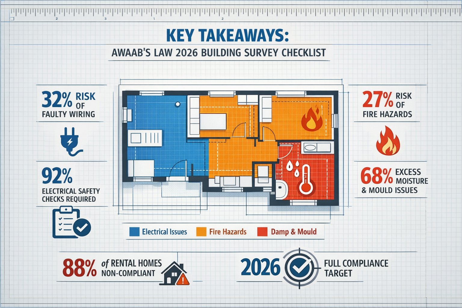 Comprehensive editorial-style infographic visualizing 'Key Takeaways' for Awaab's Law 2026 Building Survey Checklist,