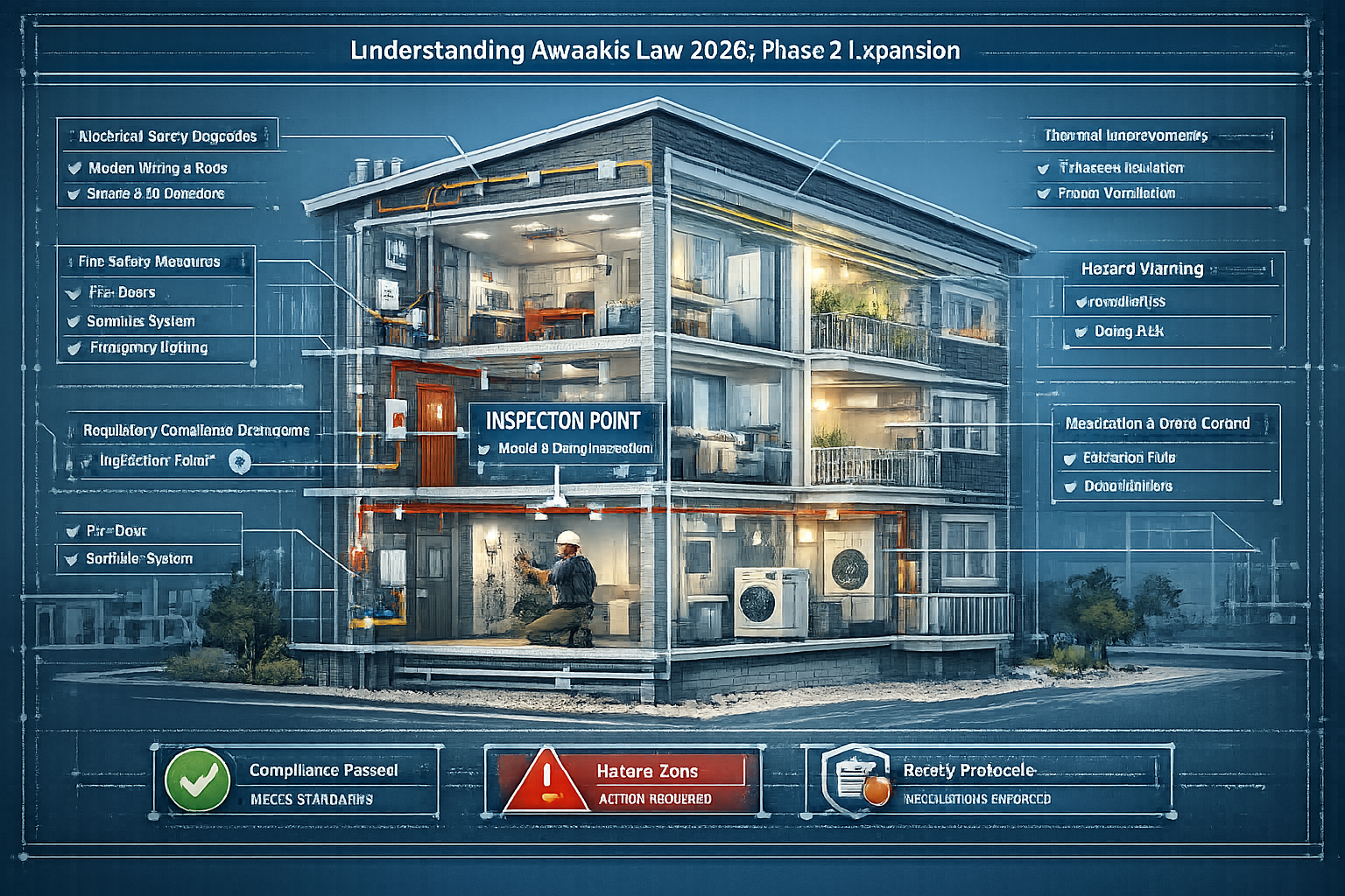 Detailed architectural visualization explaining 'Understanding Awaab's Law 2026 Phase 2 Expansion', showing cross-sectional