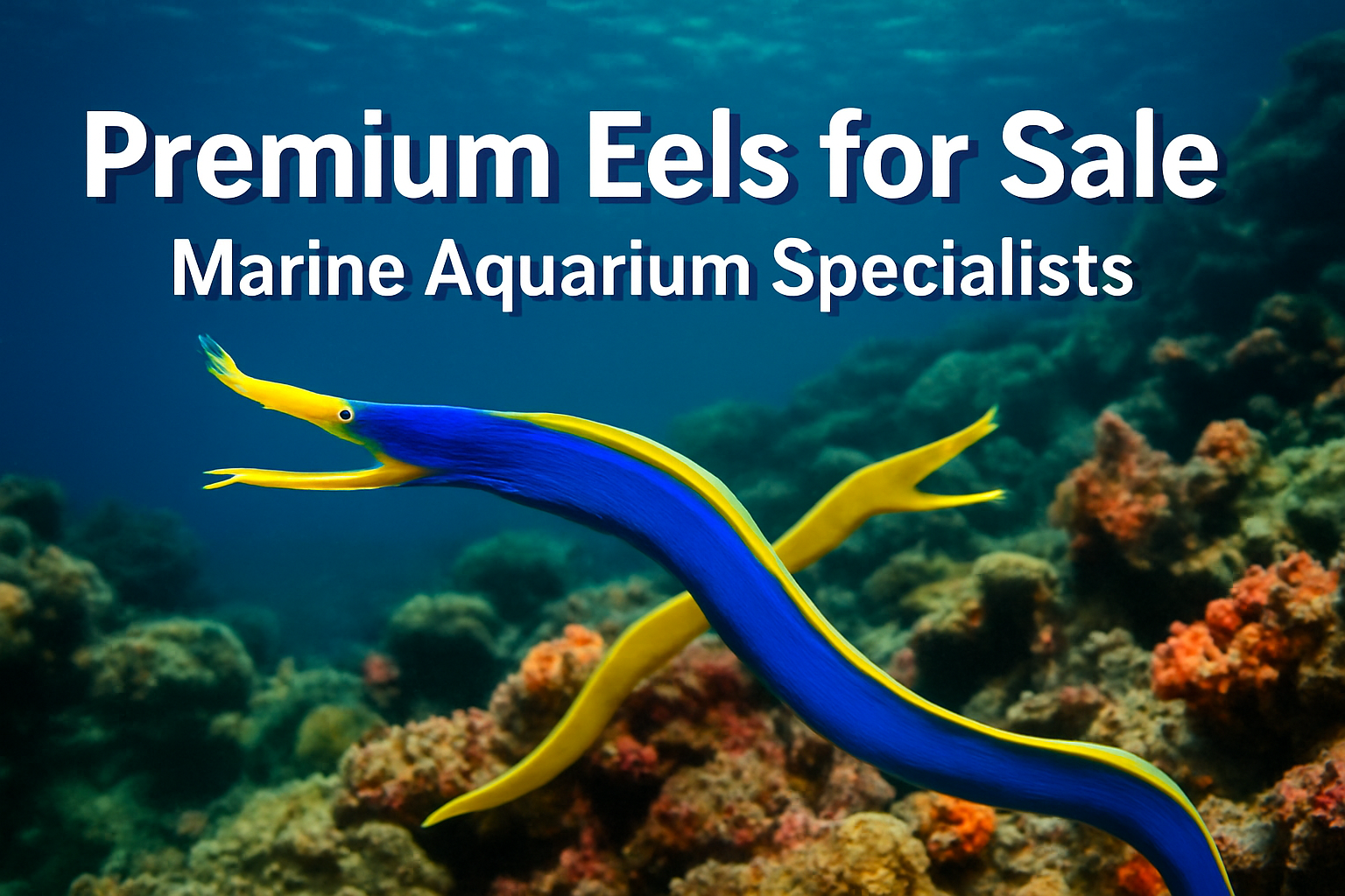 Professional landscape hero image (1536x1024) featuring bold text overlay 'Premium Eels for Sale - Marine Aquarium Specialists' in extra lar