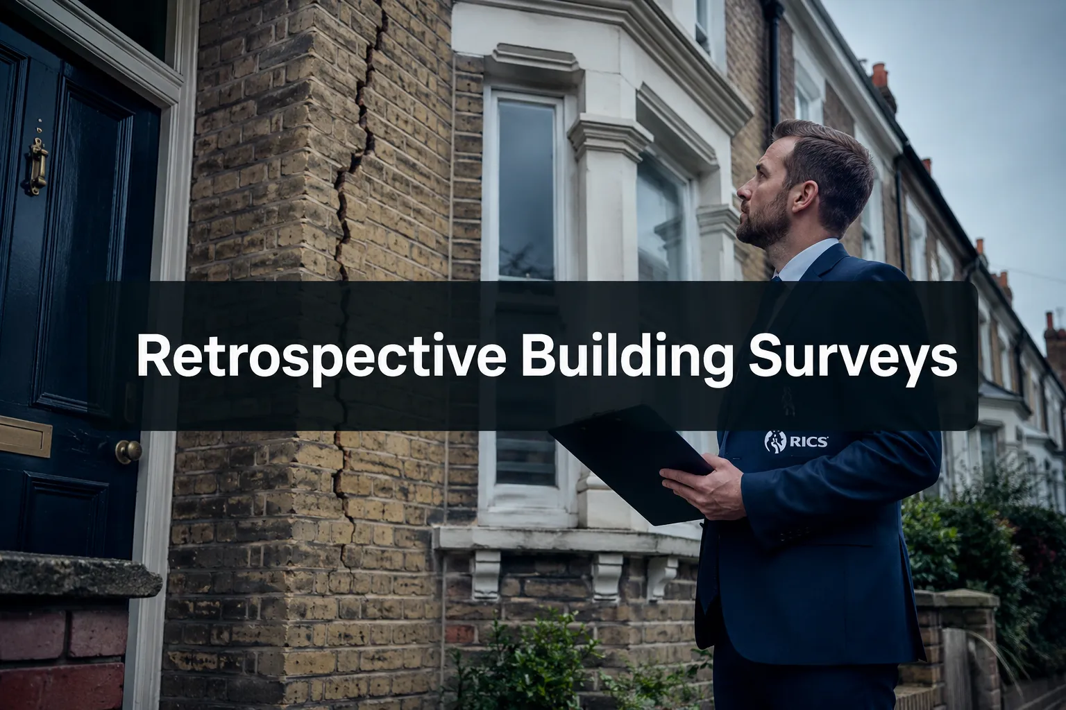 Professional () hero image with (≤42 chars): 'Retrospective Building Surveys' in crisp white on a deep charcoal