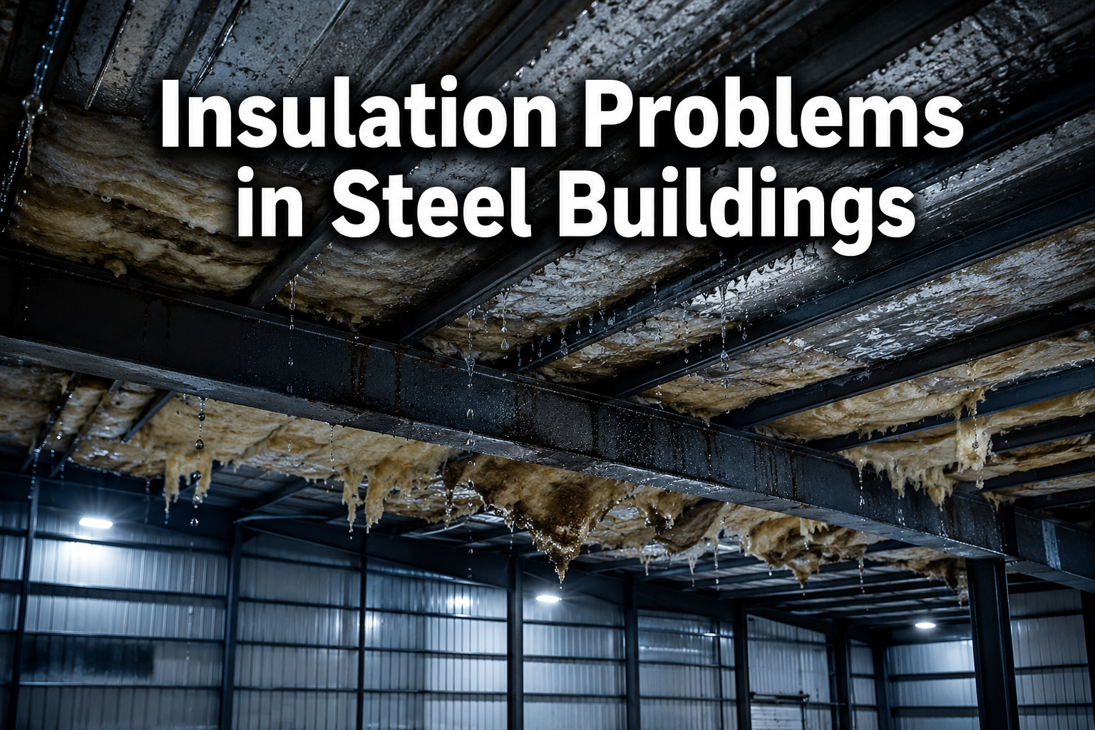 Professional () hero image with : 'Insulation Problems in Steel Buildings' in extra large white with dark drop , centered in