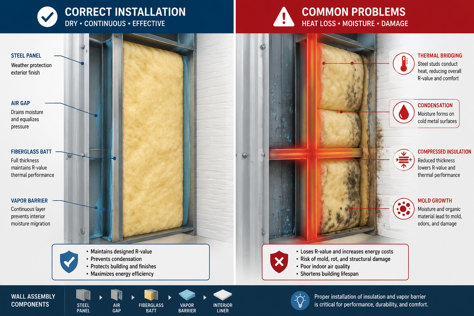 Detailed () educational split-panel infographic illustration showing cross-section of a steel building wall assembly with