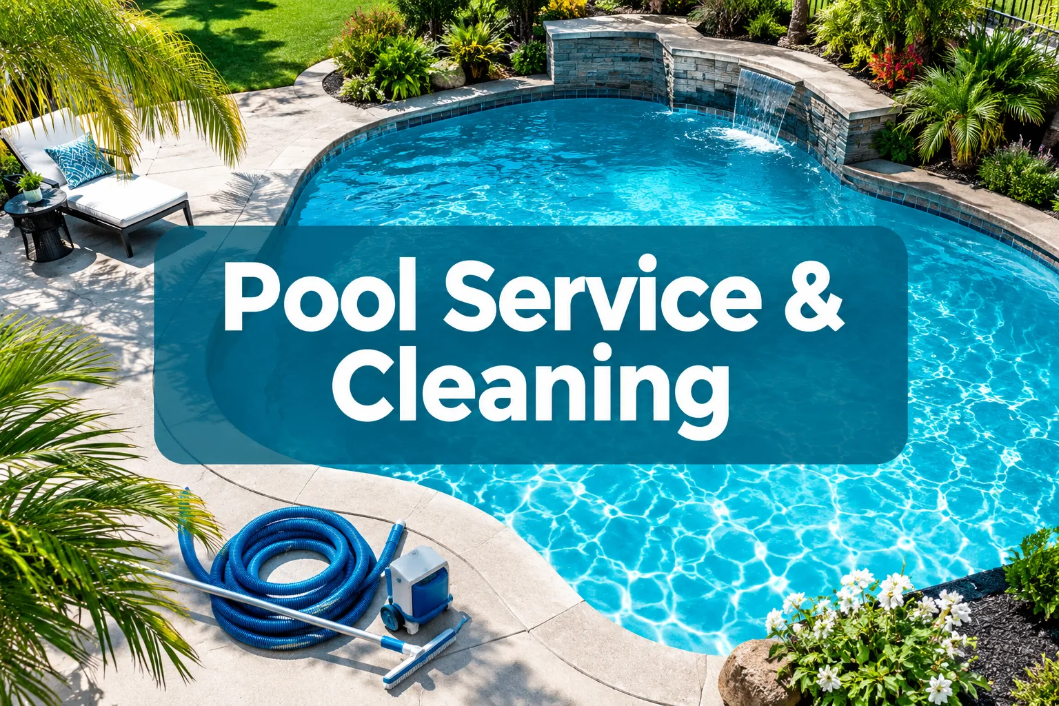 Professional () hero image with 'Pool Service & Cleaning' in crisp white centered on a semi-transparent deep-teal panel, 8%