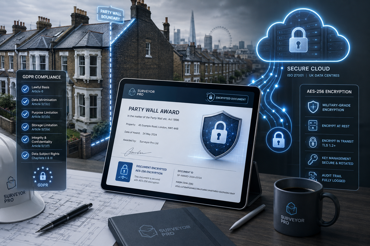 Wide-angle editorial illustration () showing a surveyor's desk with a digital tablet displaying an encrypted party wall