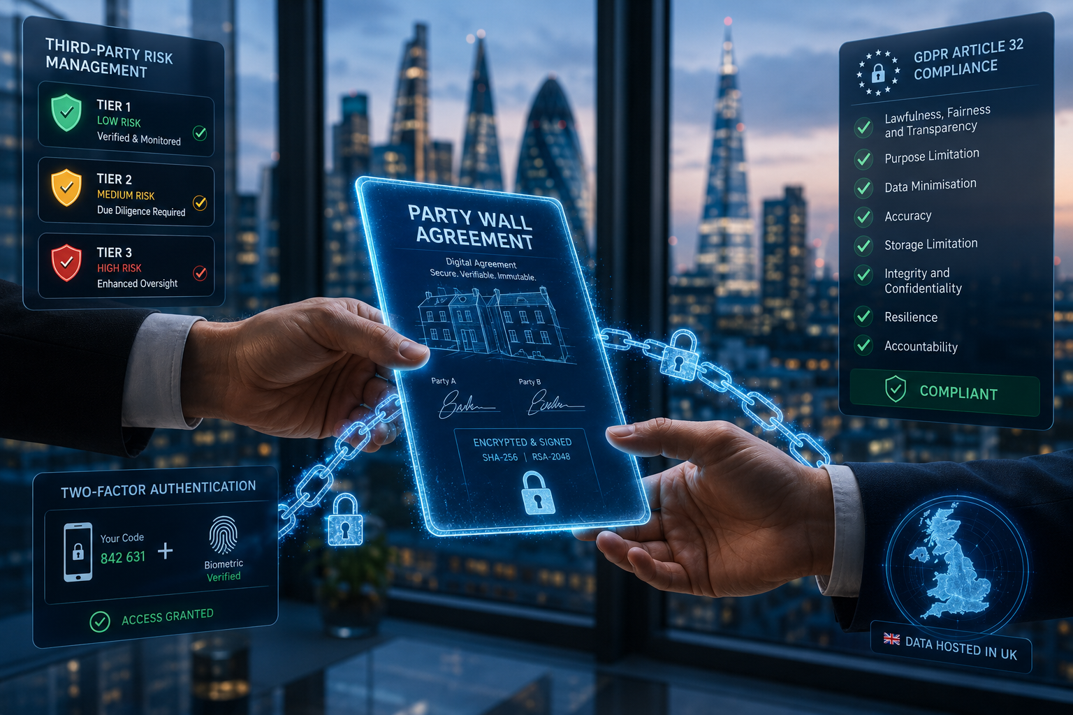 Close-up editorial concept image () of two hands exchanging a glowing digital document representing a party wall agreement,