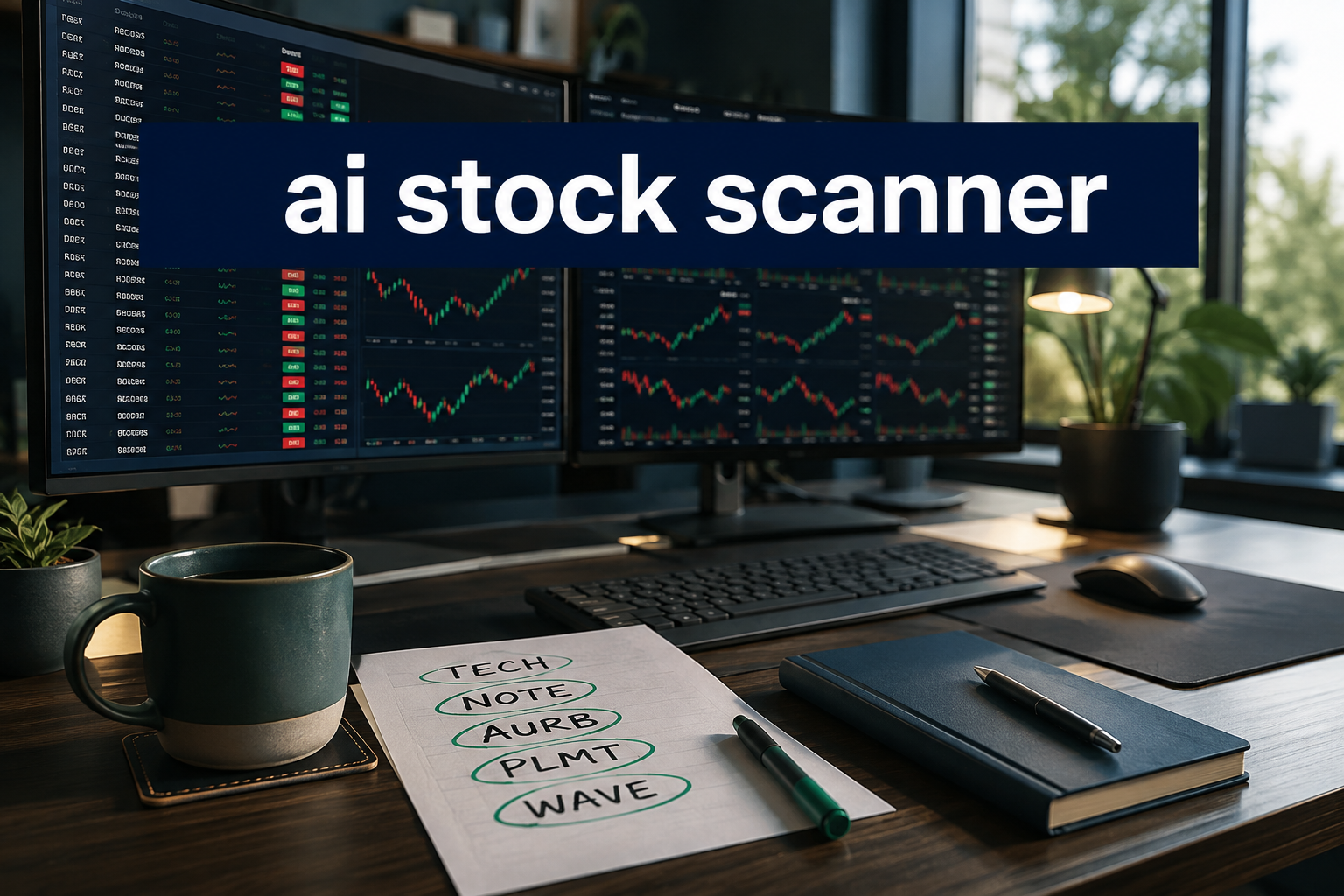 AI stock scanner running a live intraday watchlist on a two-monitor trading desk