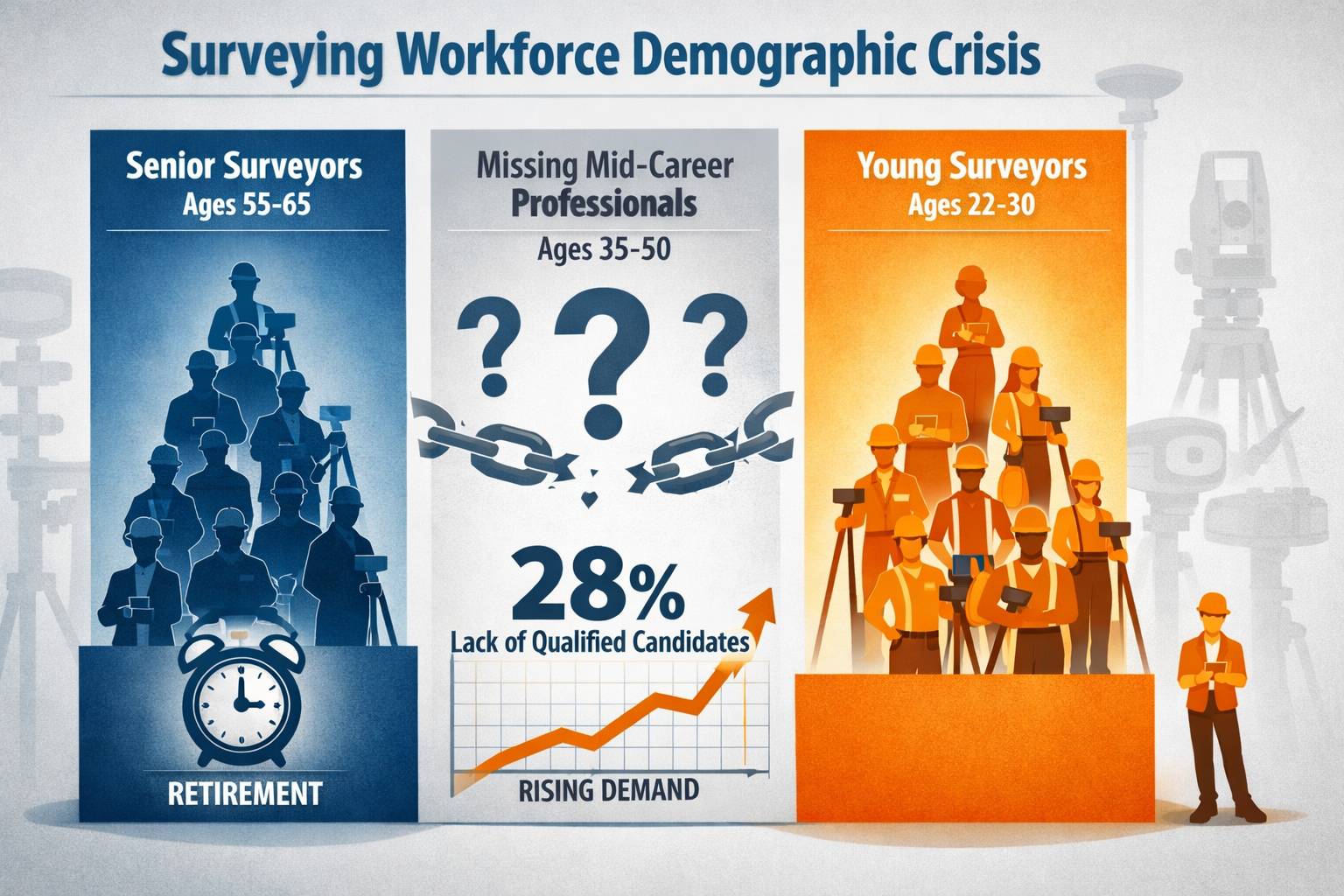 Landscape format (1536x1024) infographic showing surveying workforce demographic crisis visualization with three distinct columns representi