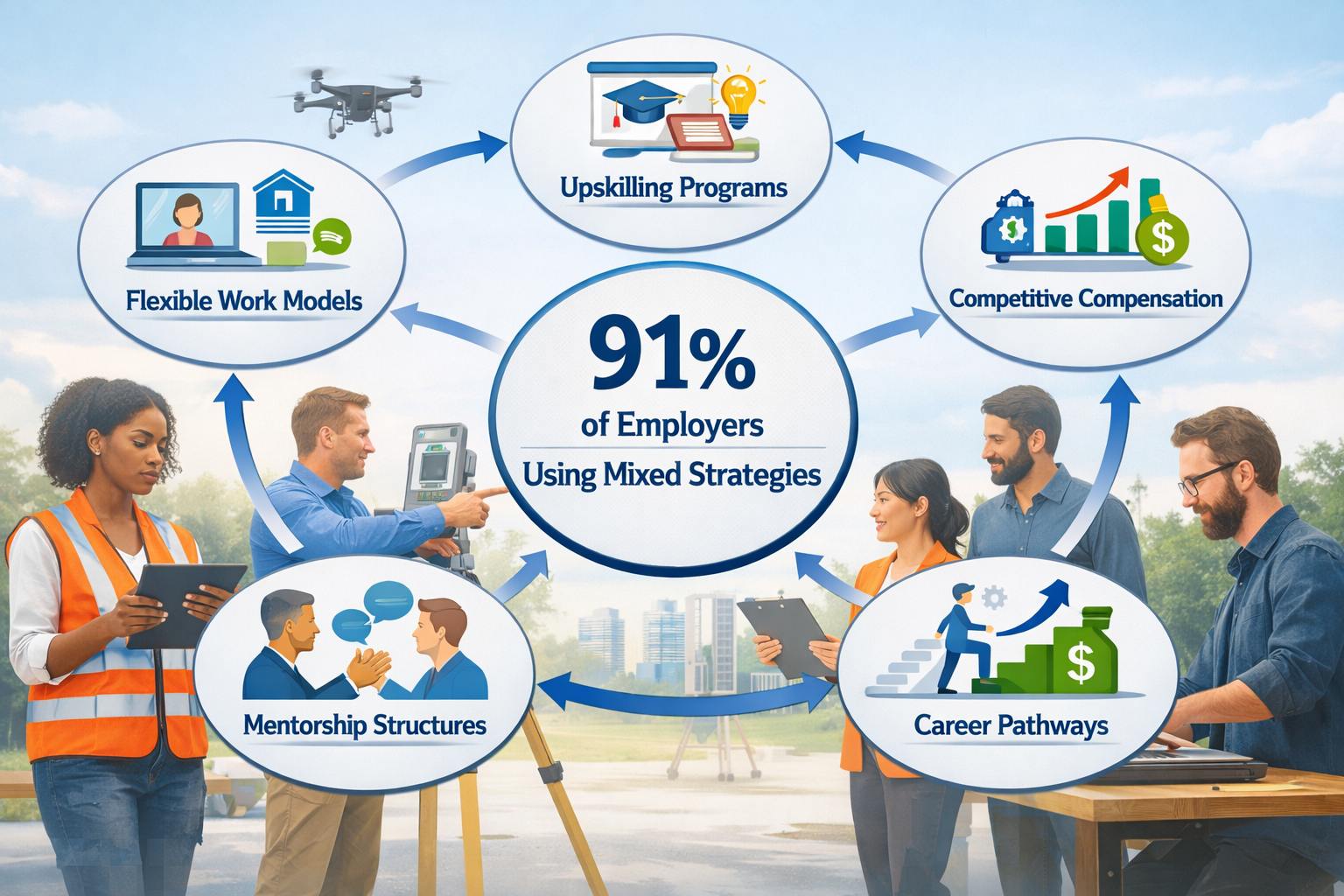 Landscape format (1536x1024) modern recruitment and retention strategy concept illustration showing circular workflow diagram with six conne