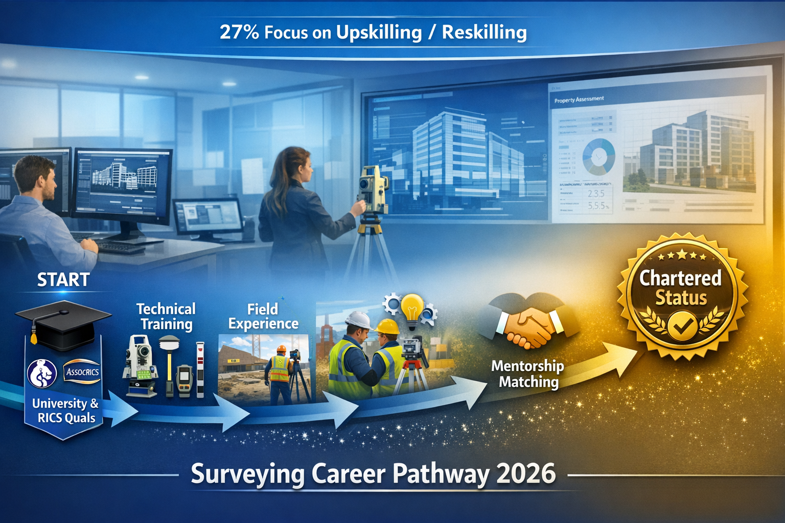 Landscape format (1536x1024) professional development pathway visualization showing clear progression roadmap for surveying careers in 2026.