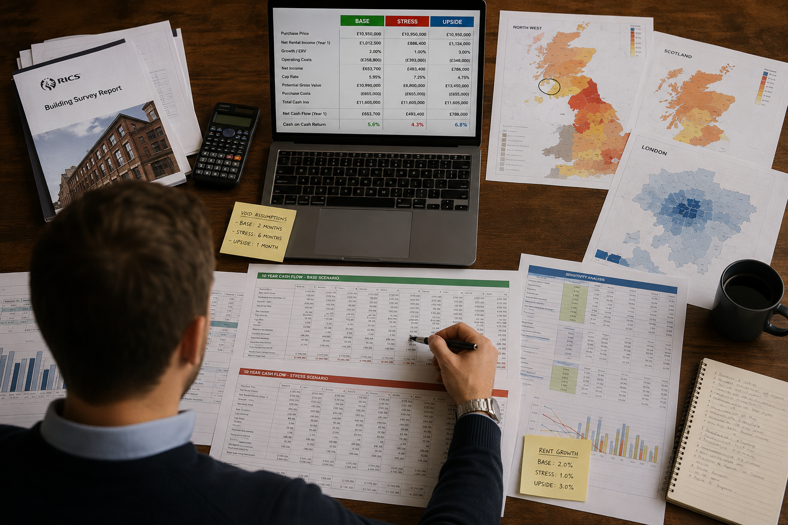 Overhead bird's-eye view landscape () of a UK property surveyor at a large wooden desk reviewing scenario-based cash-flow