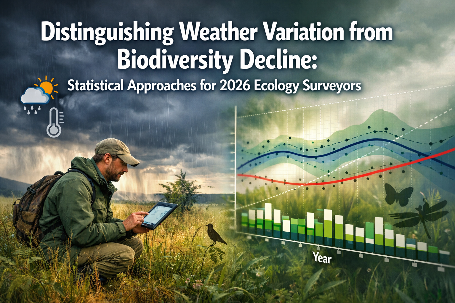 Professional landscape format (1536x1024) hero image featuring bold text overlay 'Distinguishing Weather Variation from Biodiversity Decline