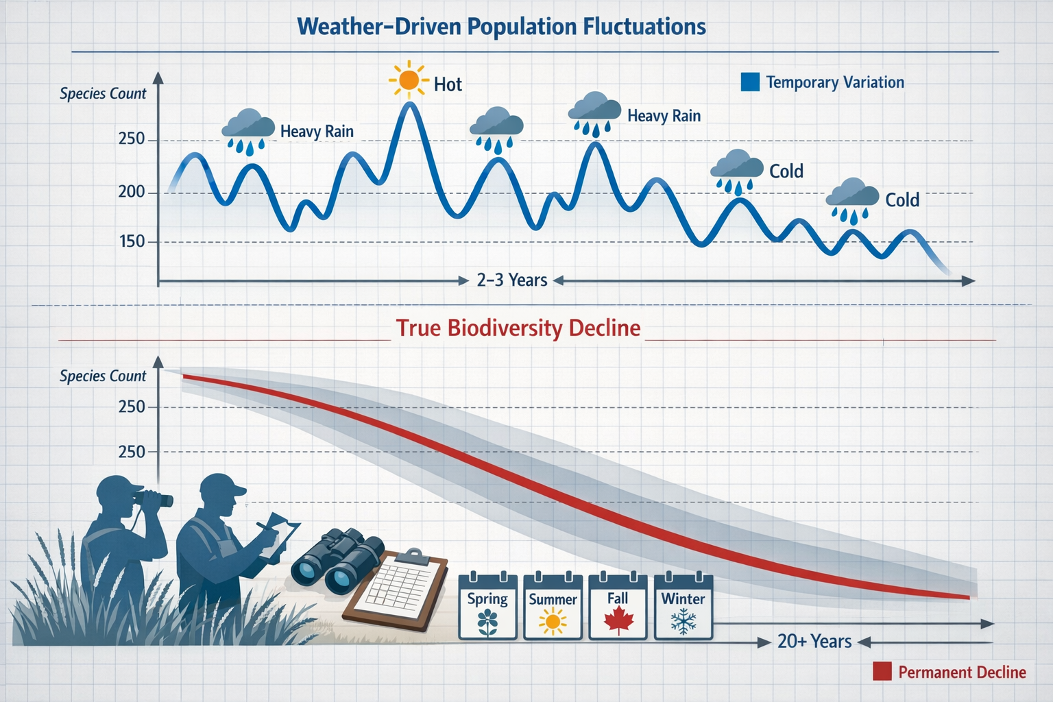 Detailed landscape format (1536x1024) illustration showing comparison between weather-driven population fluctuations versus true biodiversit