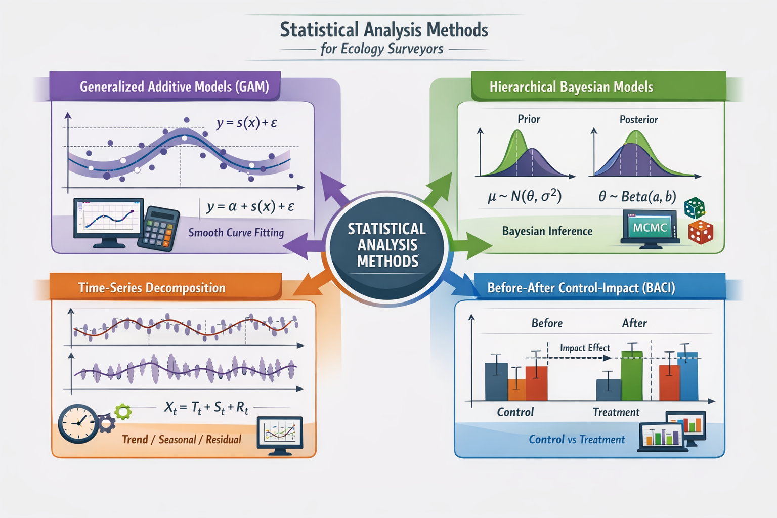 Detailed landscape format (1536x1024) infographic showcasing multiple statistical analysis methods for ecology surveyors. Central flowchart