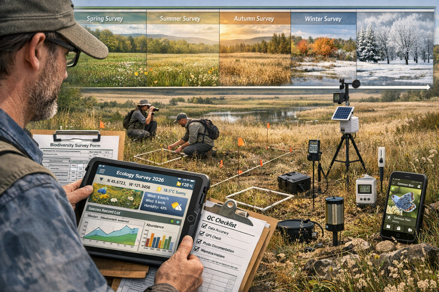 Detailed landscape format (1536x1024) practical field implementation scene showing ecology surveyor team conducting standardized biodiversit
