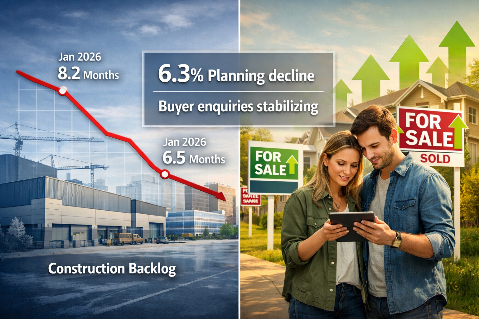 Detailed () image showing split-screen composition: left side displays declining construction backlog graph with red
