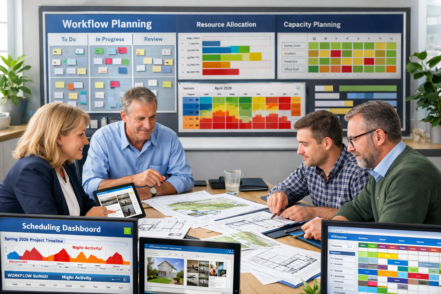 Detailed () image depicting professional surveyor workflow management scene inside modern surveying office. Multiple