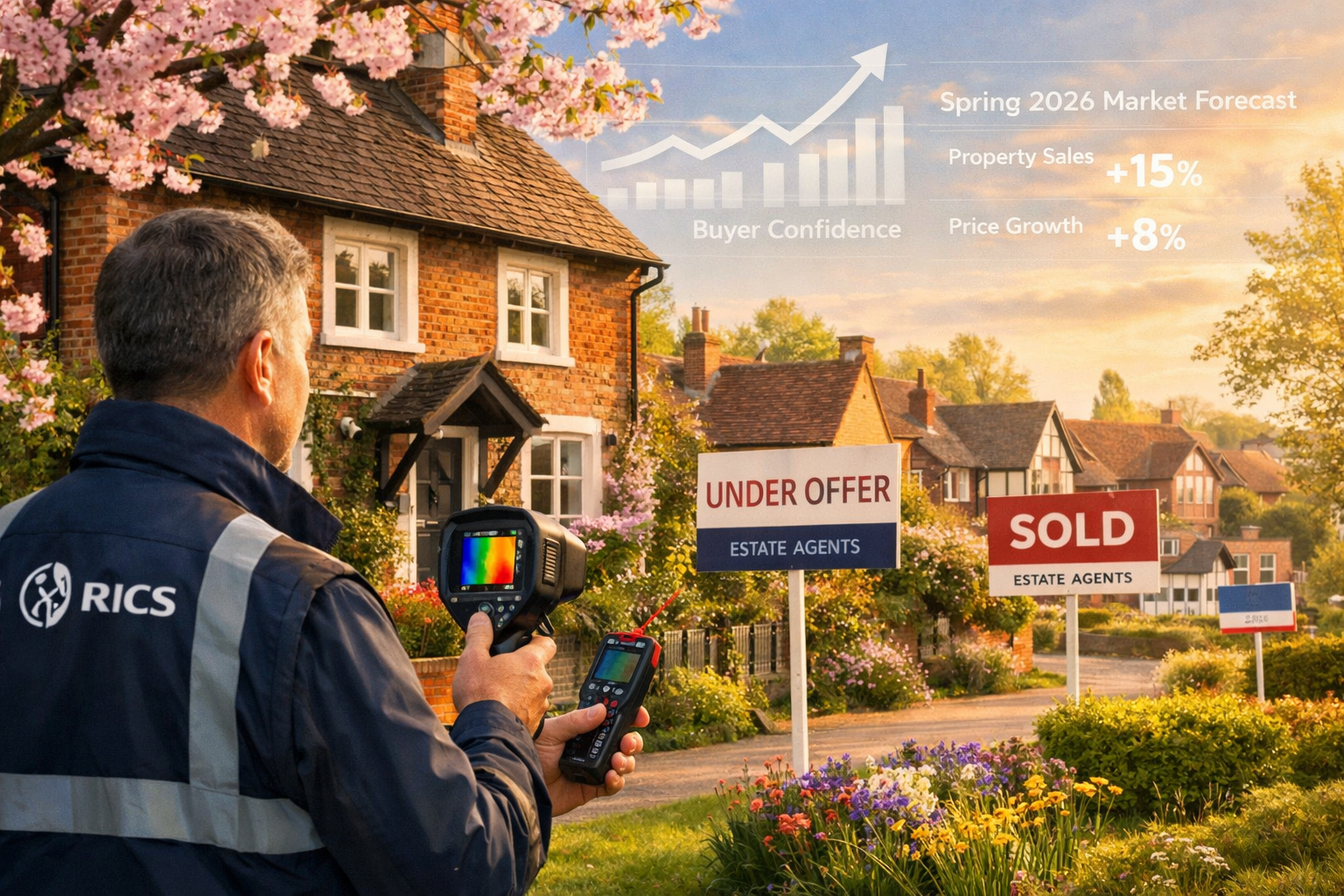 Detailed () image showing British property market spring recovery concept with seasonal transformation theme. Foreground