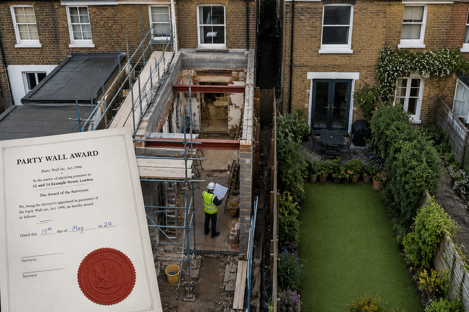 Dramatic overhead aerial-style editorial photograph of two adjoining London terrace properties during a small rear extension