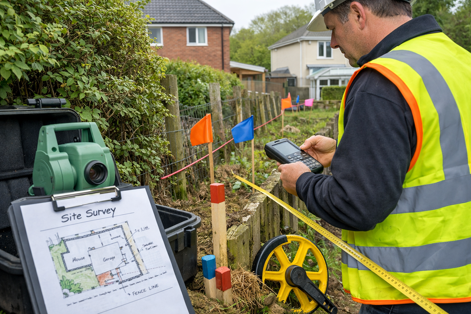 () editorial image showing close-up of surveyor conducting detailed site inspection at residential property boundary. Scene