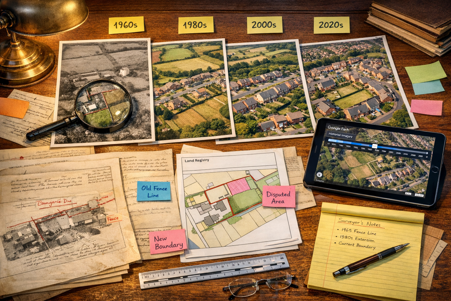 () detailed visualization of historical research evidence compilation for boundary dispute. Scene shows organized workspace
