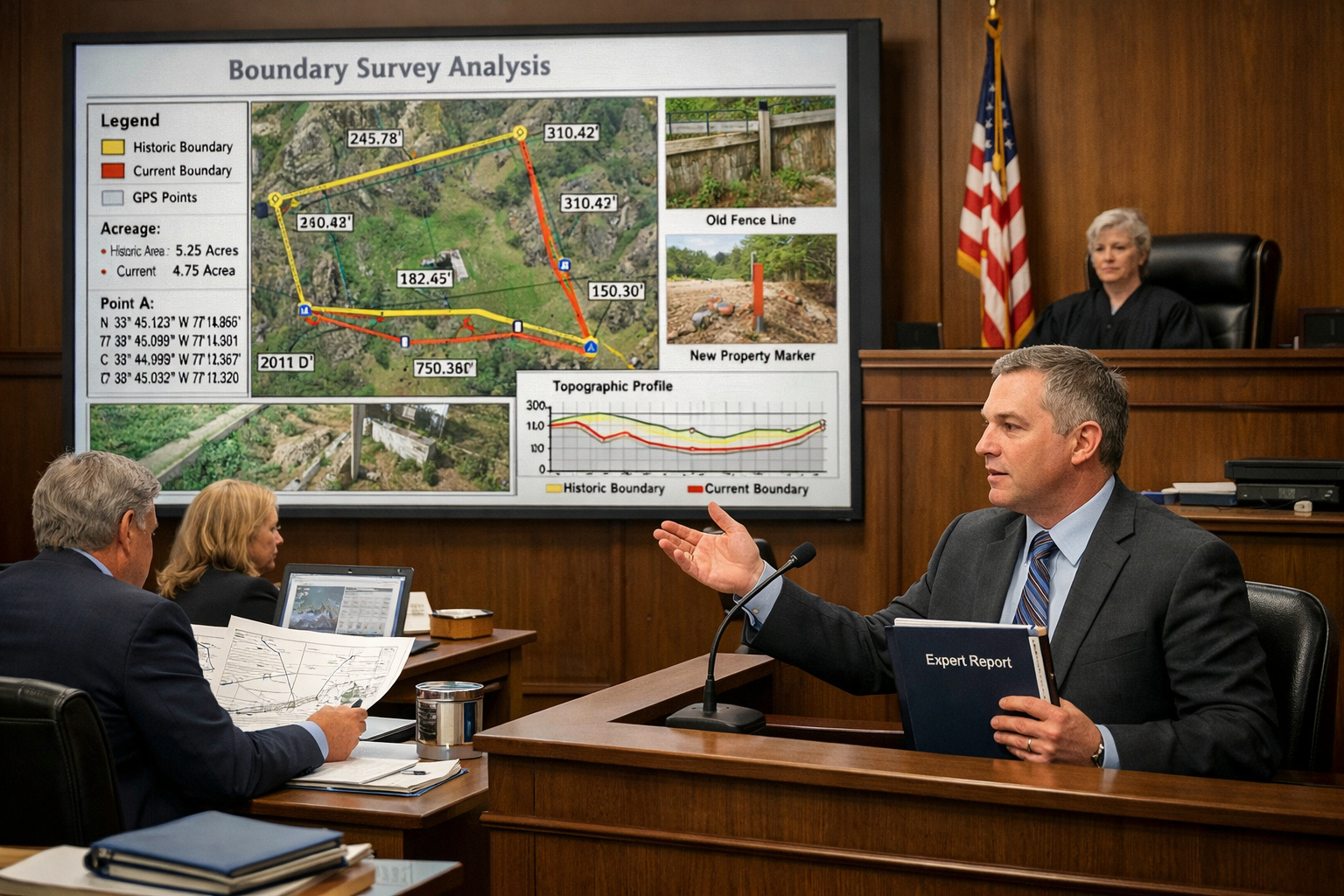 () professional courtroom evidence presentation scene showing expert witness surveyor testimony setup. Wide-angle view of
