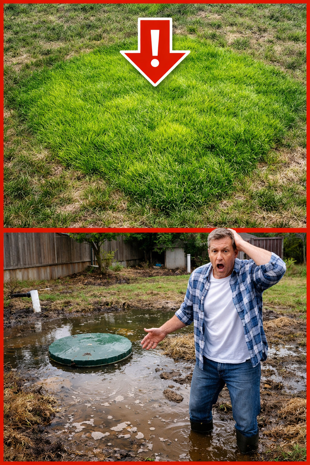 Portrait/Pinterest format () showing a split-scene comparison: top half depicts a lush unnaturally bright green patch of