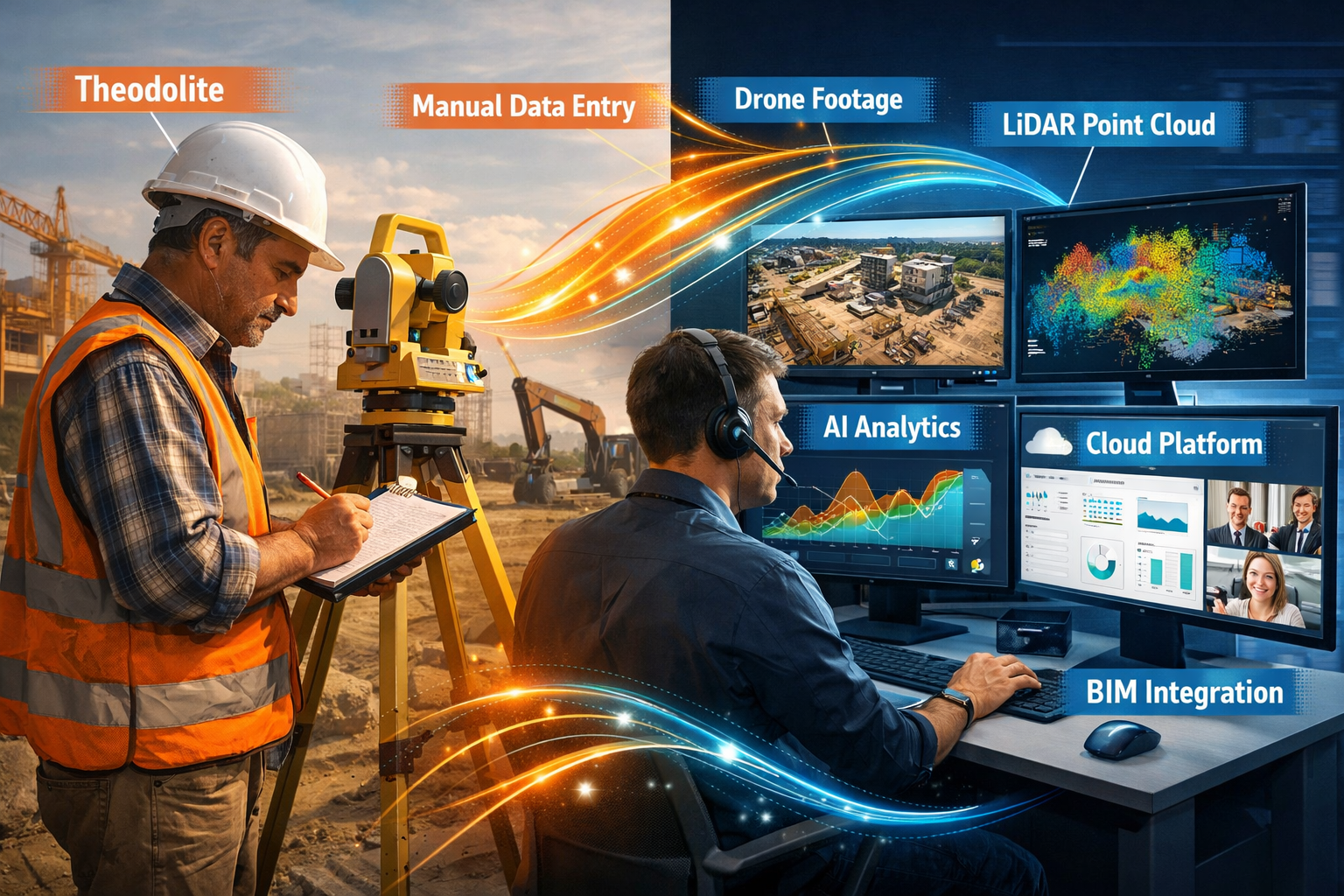 Landscape format (1536x1024) editorial image showing split-screen composition: left side displays traditional surveyor with theodolite on tr