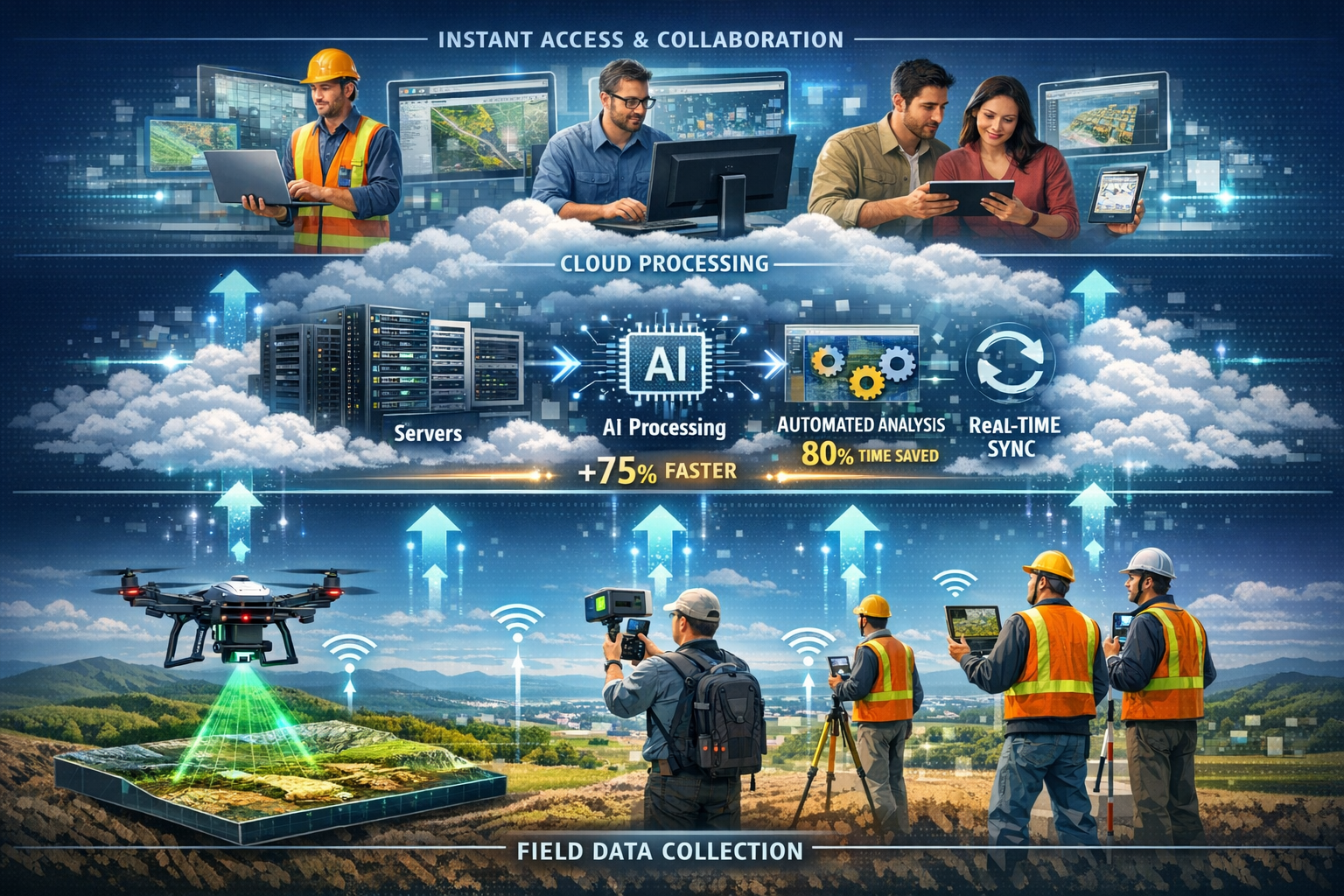 Landscape format (1536x1024) detailed infographic illustration showing cloud-based surveying workflow diagram with three distinct layers: bo