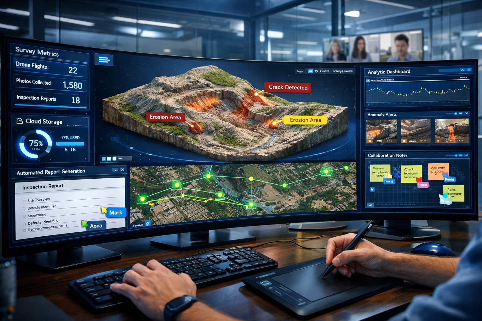 Landscape format (1536x1024) professional photograph-style image of modern surveying command center showing large curved monitor displays wi