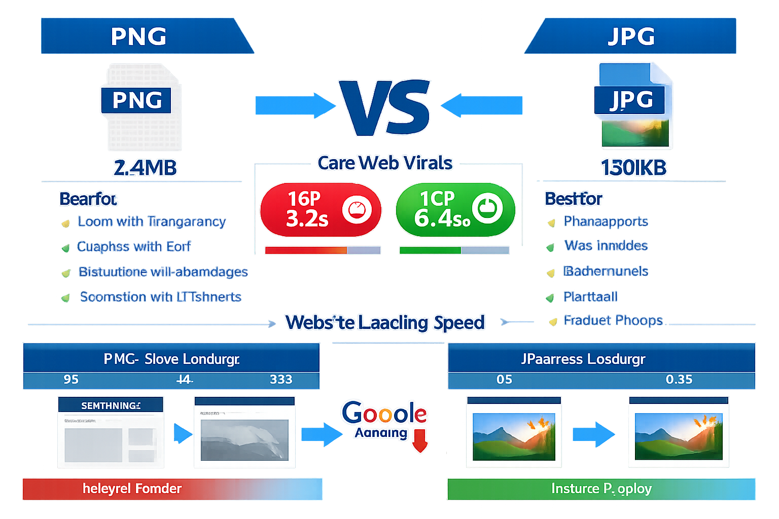 Detailed landscape infographic (1536x1024) showing side-by-side comparison of PNG versus JPG file formats for web performance. Left panel di