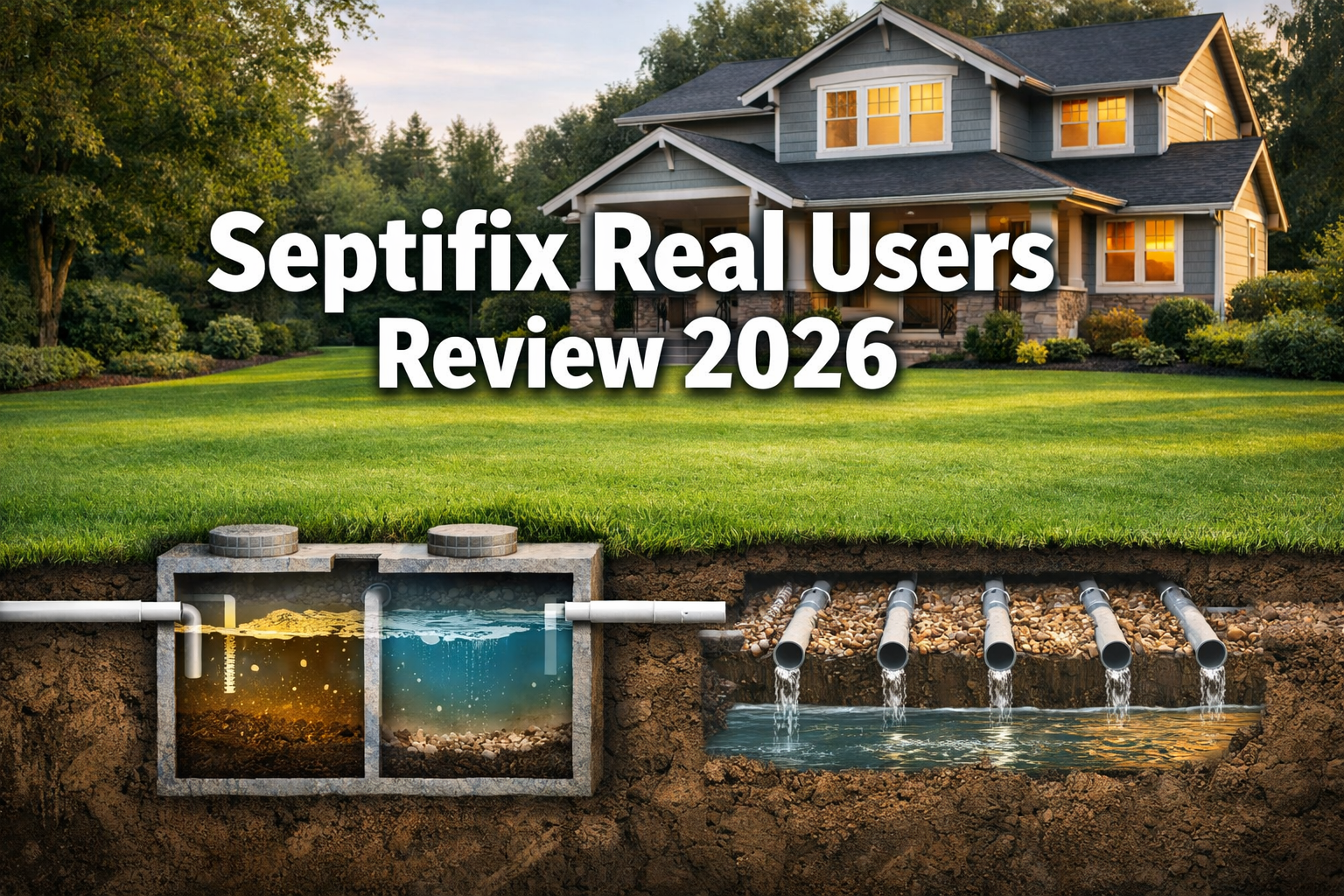 Professional () hero image with : 'Septifix Real Users Review 2026' in extra large white with dark drop , centered upper
