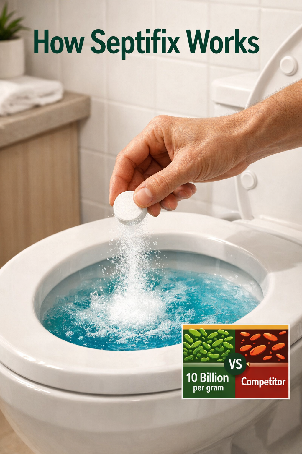 Portrait/Pinterest format () showing a close-up of a homeowner's hands dropping a white effervescent Septifix tablet into a