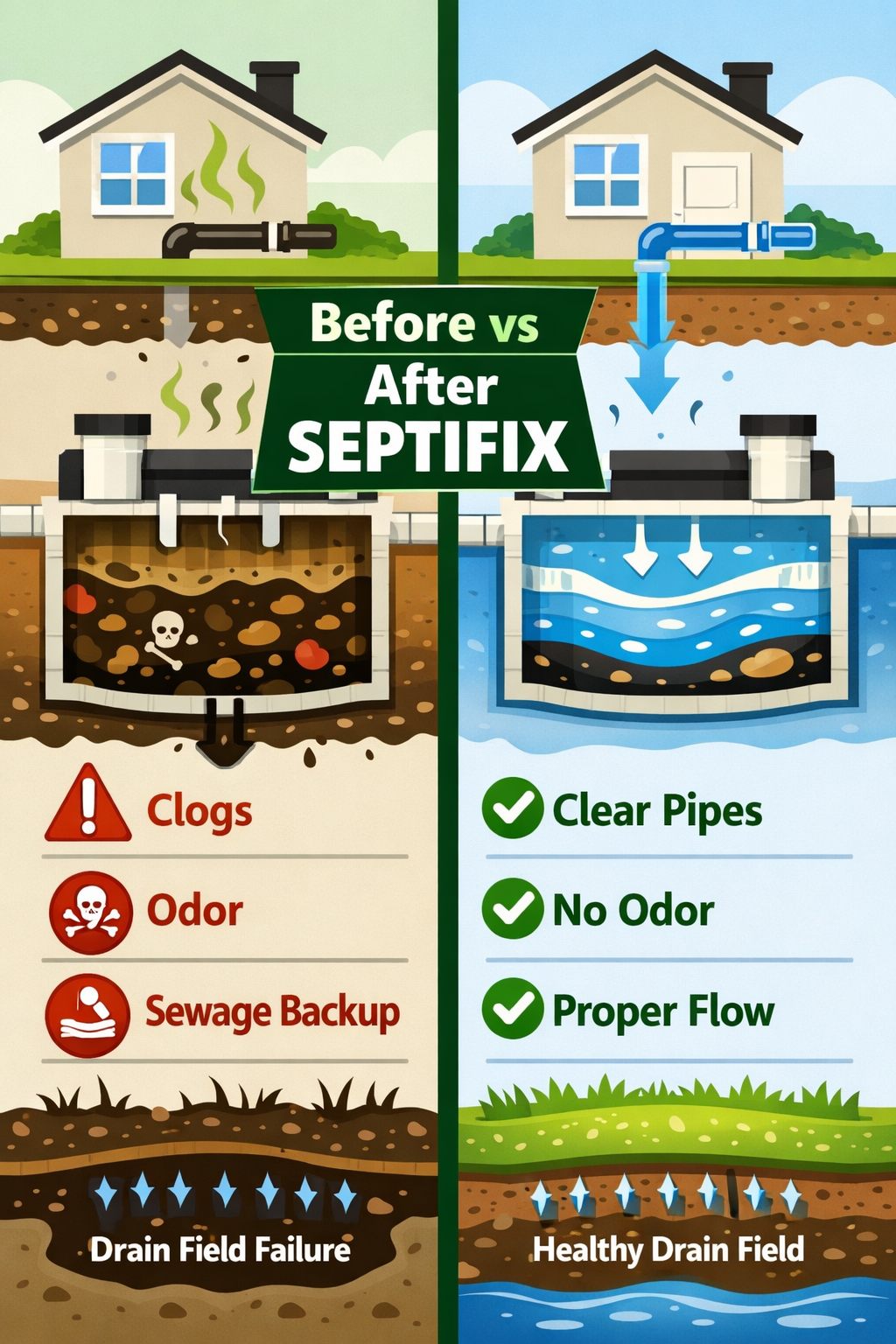 Portrait/Pinterest format () showing a split-screen comparison infographic: left side shows a clogged, odorous septic drain
