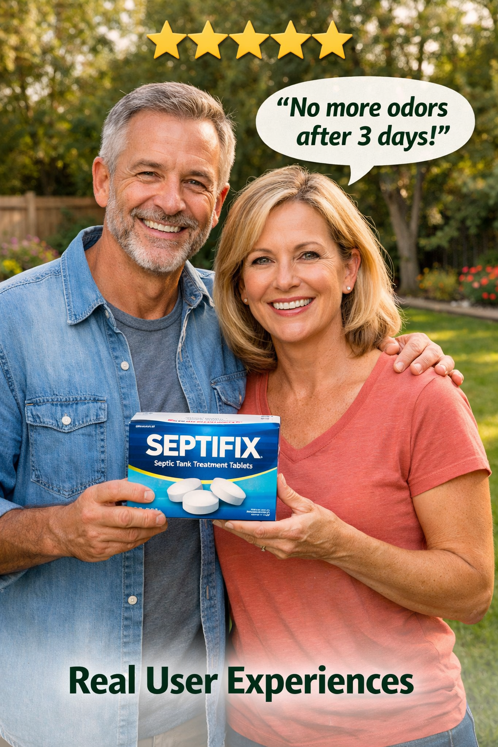 Portrait/Pinterest format () showing a smiling middle-aged homeowner couple standing in their backyard near a green lawn,