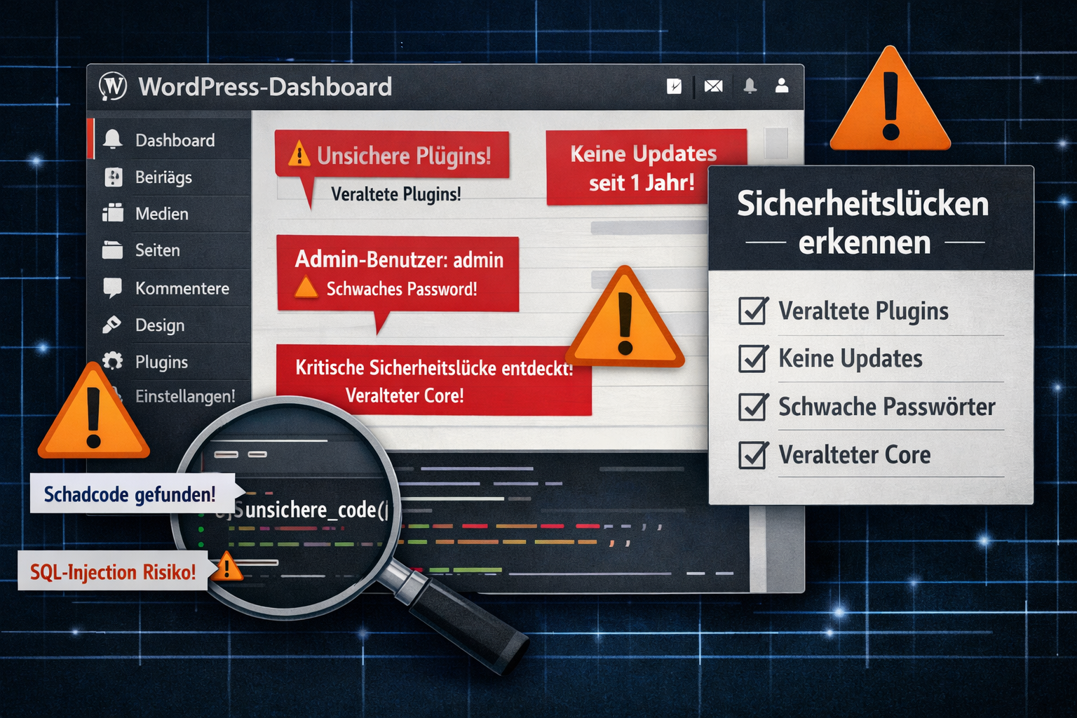 () infographic-style illustration showing a WordPress dashboard screenshot with red warning indicators and vulnerability
