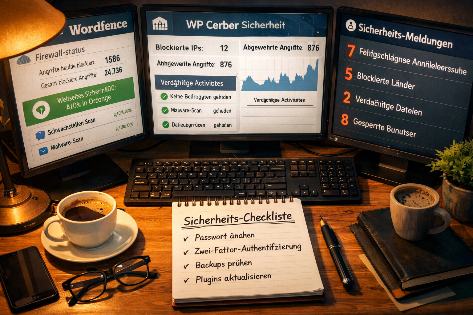 () depicting a top-down view of a developer's desk with multiple monitors showing WordPress security plugin dashboards