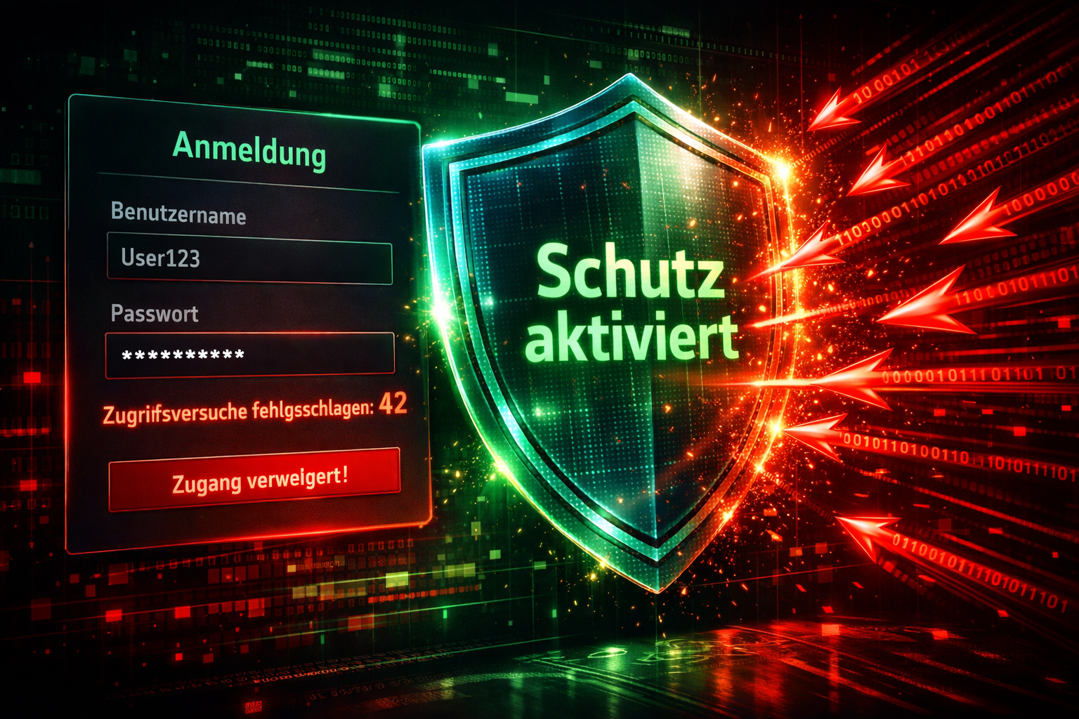 () showing a dramatic visualization of a brute-force attack being blocked: animated login form with red failed attempts