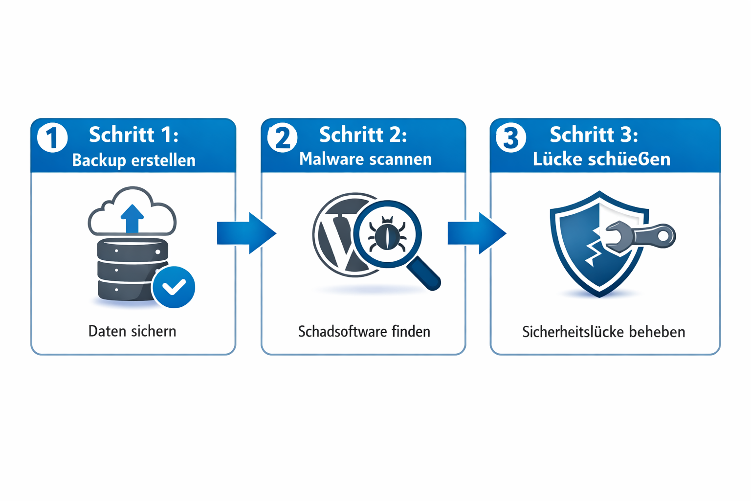 () showing a step-by-step repair workflow diagram for WordPress security fixes, with numbered German-labeled steps ('Schritt